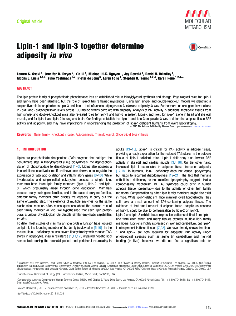 Lipin-1 and lipin-3 together determine adiposity in vivo