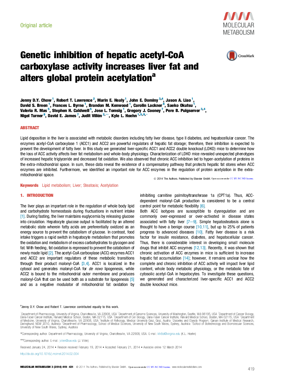 Genetic inhibition of hepatic acetyl-CoA carboxylase activity increases liver fat and alters global protein acetylation a