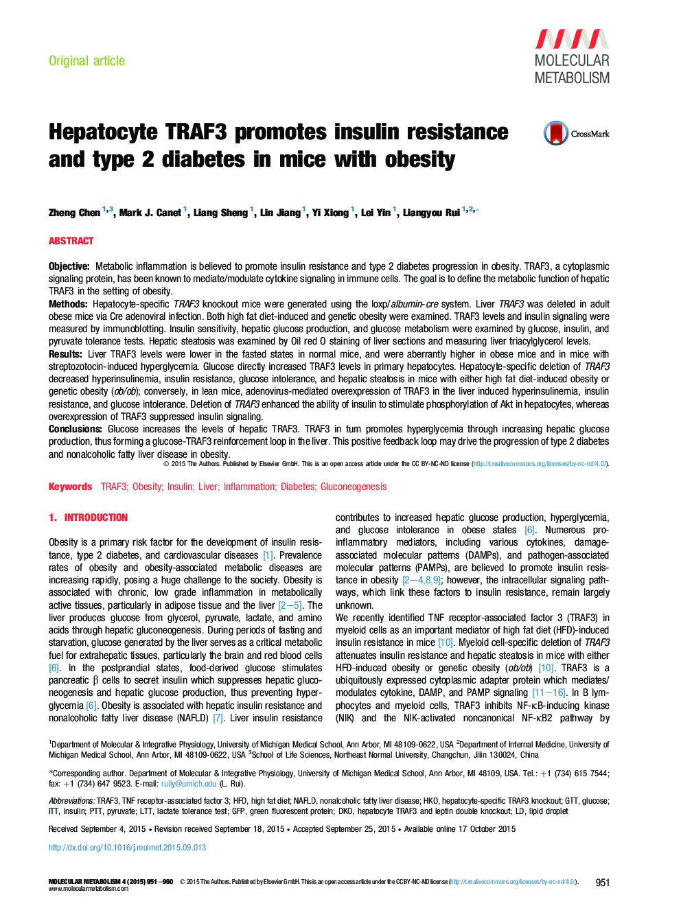Hepatocyte TRAF3 promotes insulin resistance and type 2 diabetes in mice with obesity
