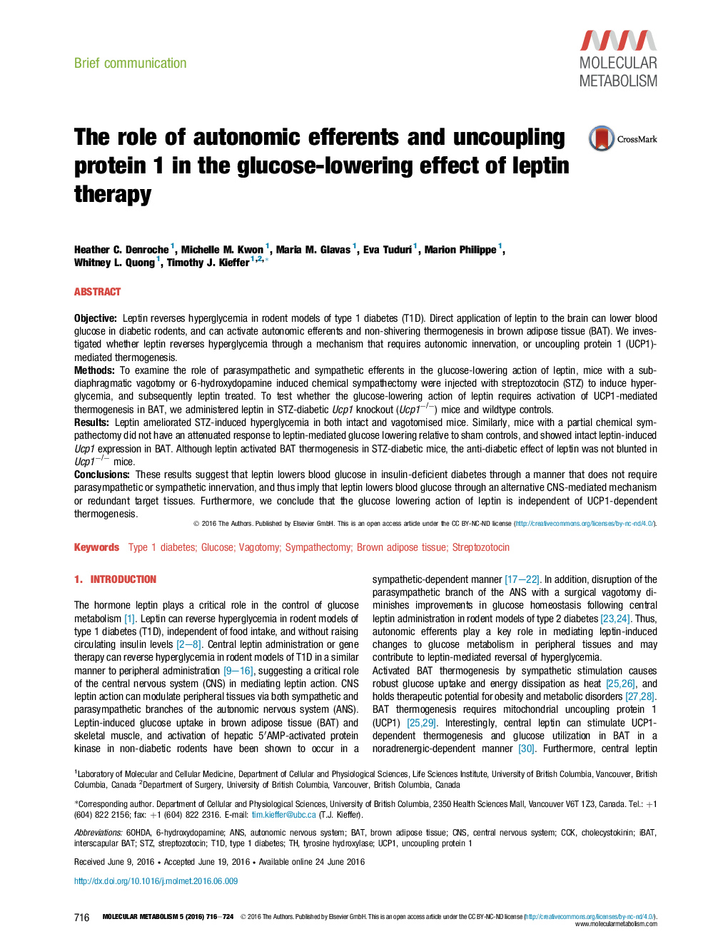 The role of autonomic efferents and uncoupling protein 1 in the glucose-lowering effect of leptin therapy