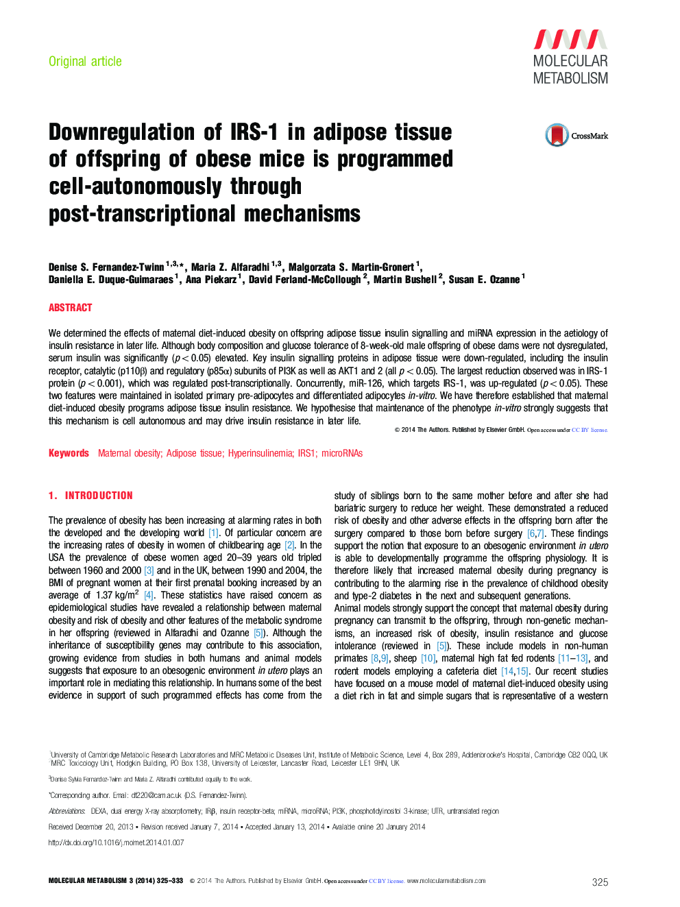 Downregulation of IRS-1 in adipose tissue of offspring of obese mice is programmed cell-autonomously through post-transcriptional mechanisms