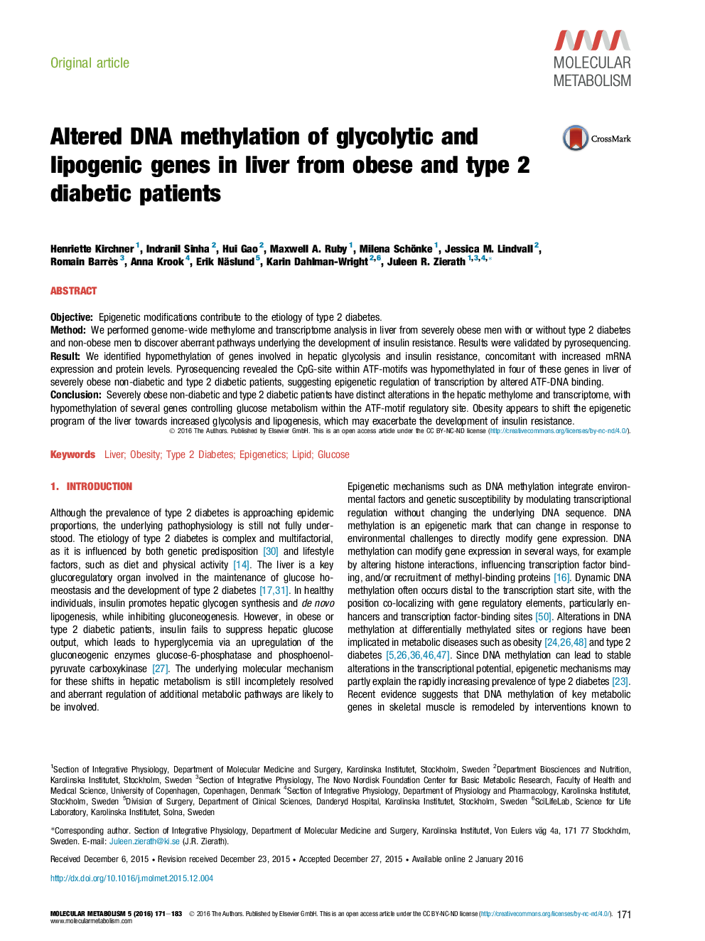 Altered DNA methylation of glycolytic and lipogenic genes in liver from obese and type 2 diabetic patients