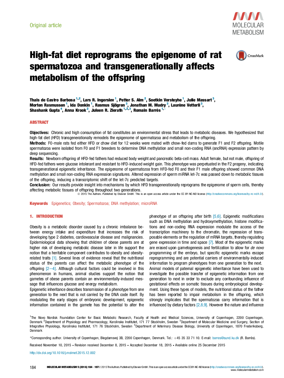 High-fat diet reprograms the epigenome of rat spermatozoa and transgenerationally affects metabolism of the offspring