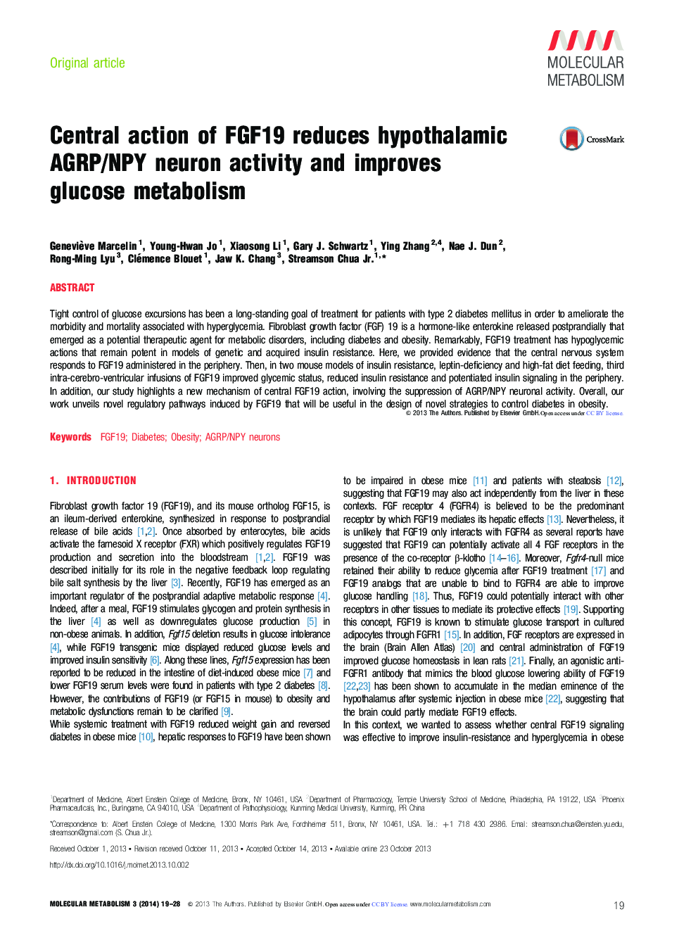 Central action of FGF19 reduces hypothalamic AGRP/NPY neuron activity and improves glucose metabolism