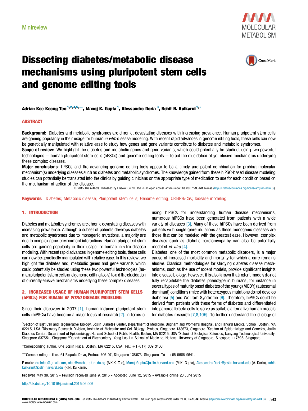 Dissecting diabetes/metabolic disease mechanisms using pluripotent stem cells and genome editing tools