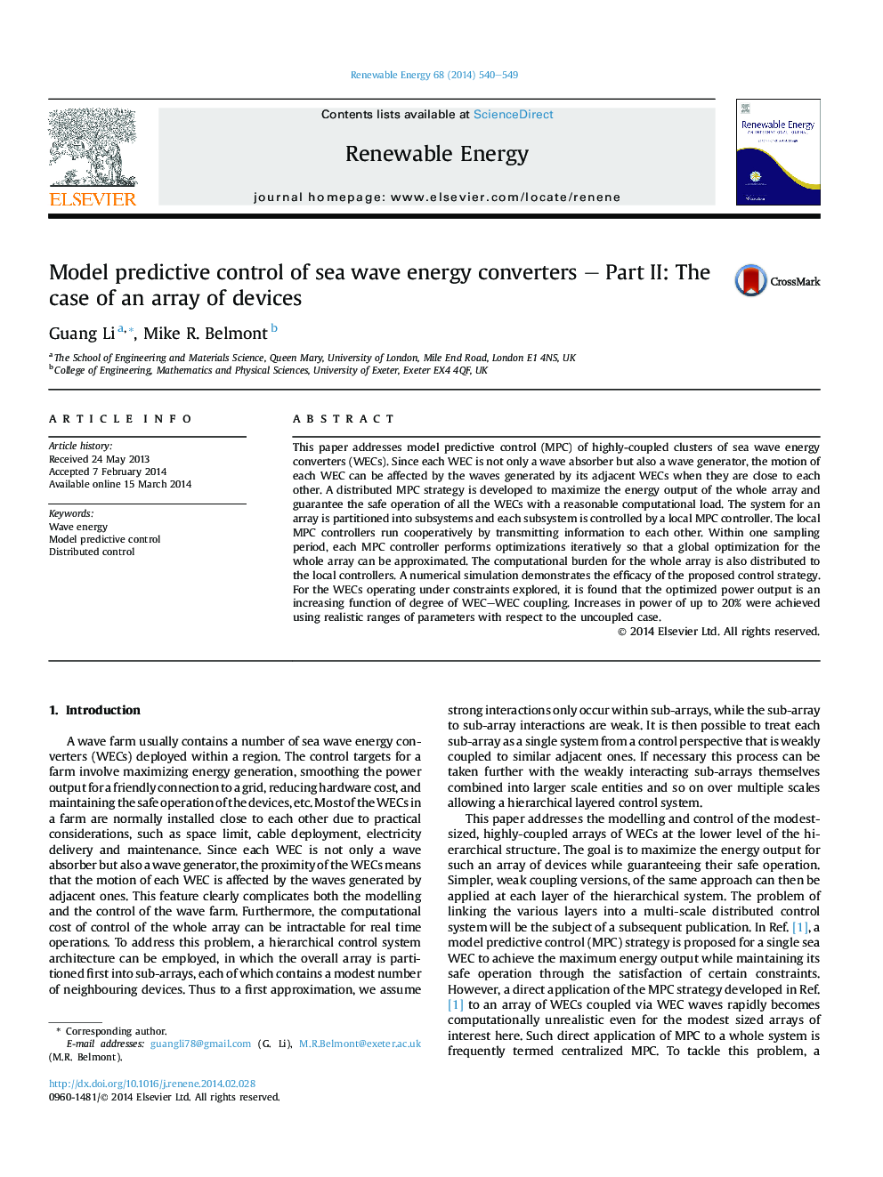 Model predictive control of sea wave energy converters – Part II: The case of an array of devices