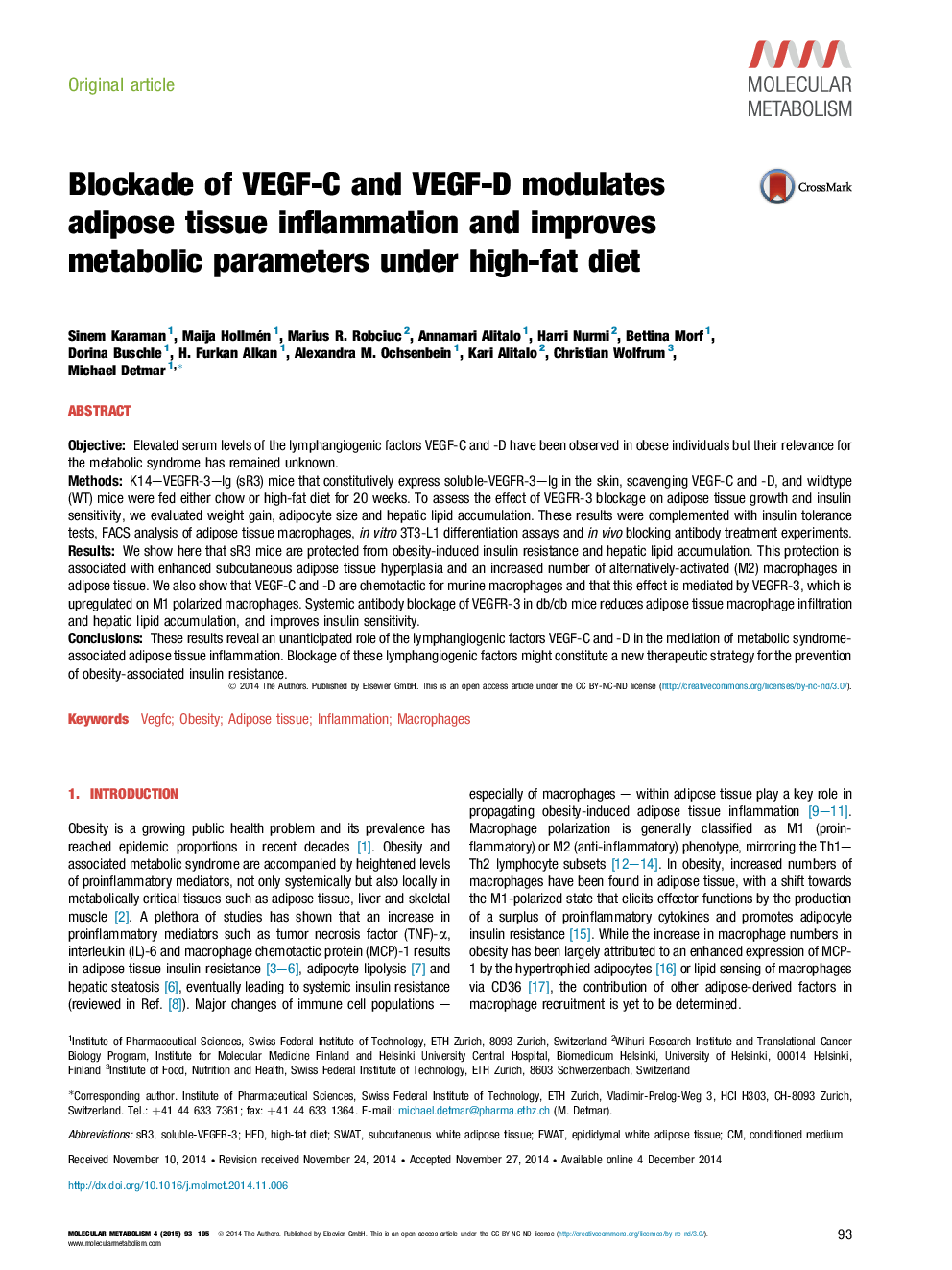 Blockade of VEGF-C and VEGF-D modulates adipose tissue inflammation and improves metabolic parameters under high-fat diet