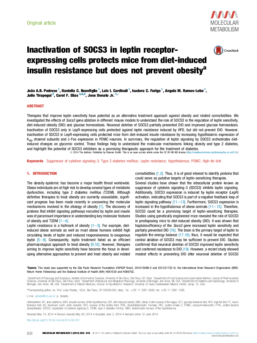 Inactivation of SOCS3 in leptin receptor-expressing cells protects mice from diet-induced insulin resistance but does not prevent obesity a