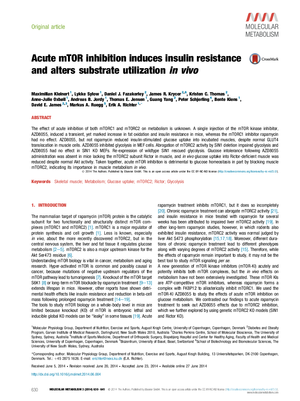 Acute mTOR inhibition induces insulin resistance and alters substrate utilization in vivo