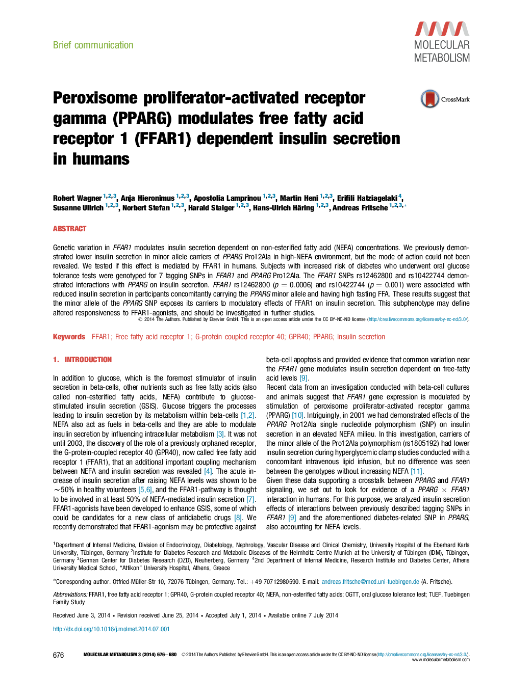 Peroxisome proliferator-activated receptor gamma (PPARG) modulates free fatty acid receptor 1 (FFAR1) dependent insulin secretion in humans