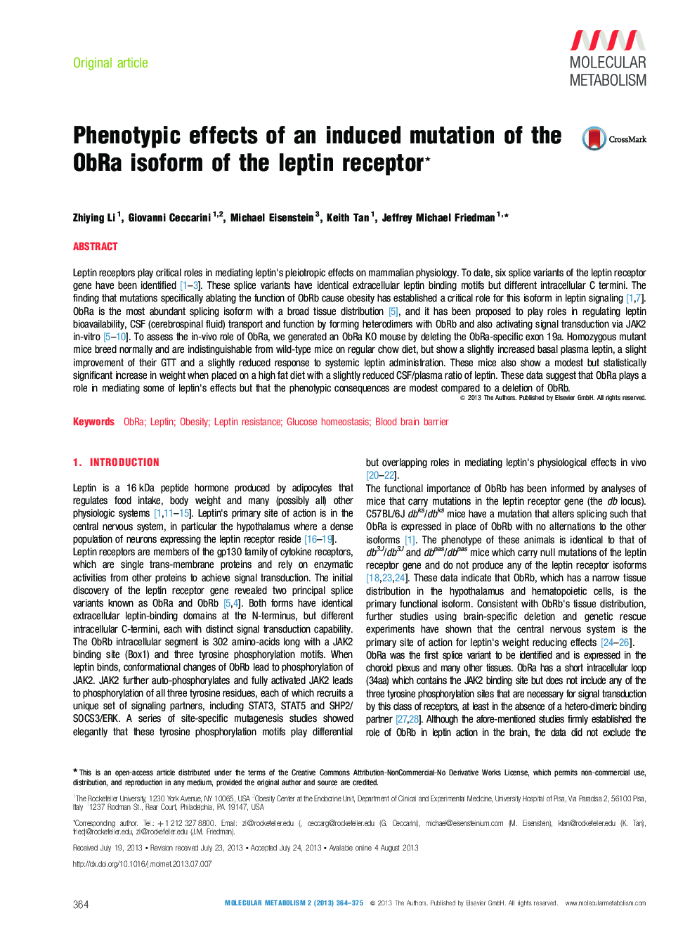 Phenotypic effects of an induced mutation of the ObRa isoform of the leptin receptor ★