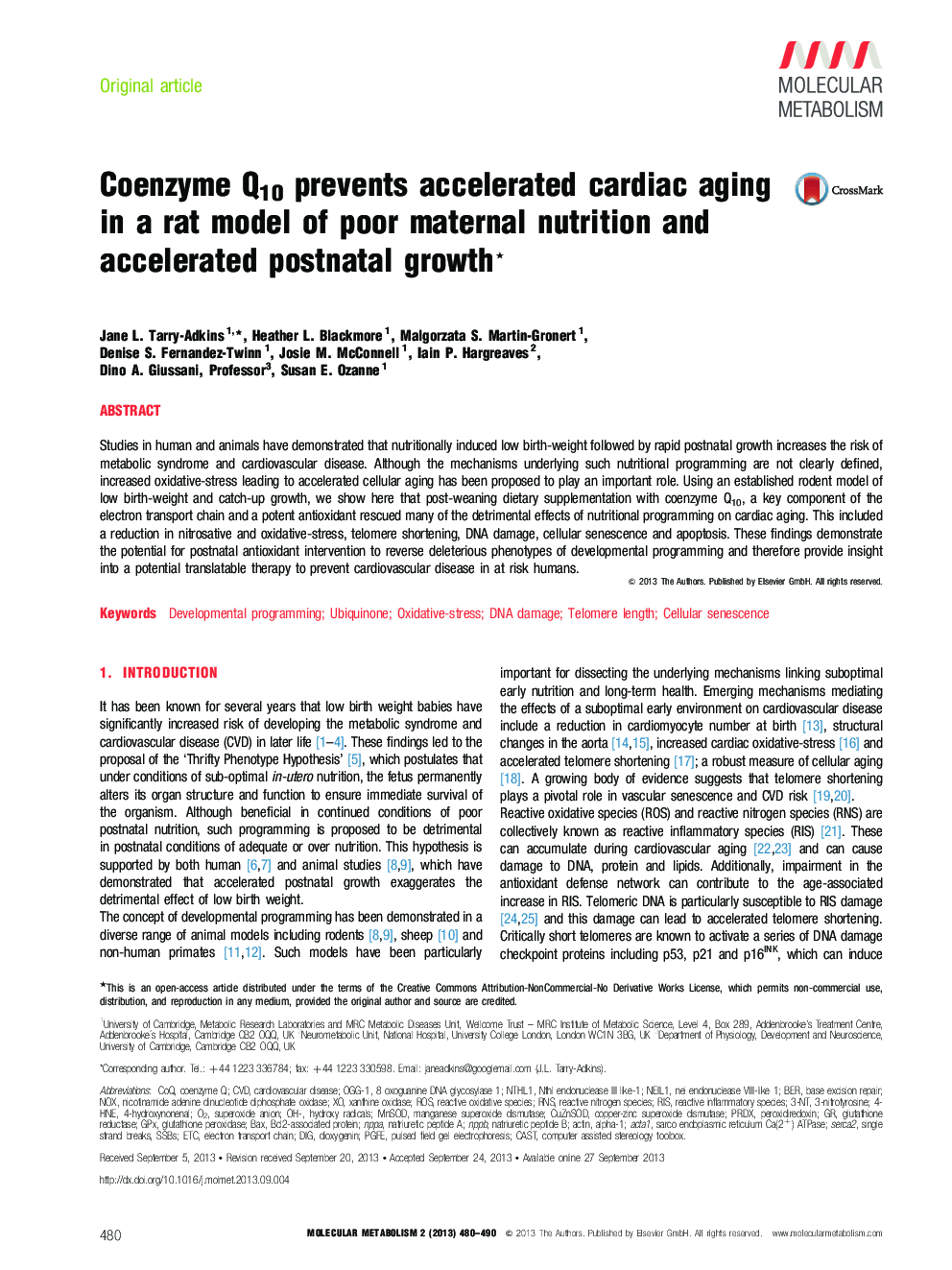 Coenzyme Q10 prevents accelerated cardiac aging in a rat model of poor maternal nutrition and accelerated postnatal growth ★