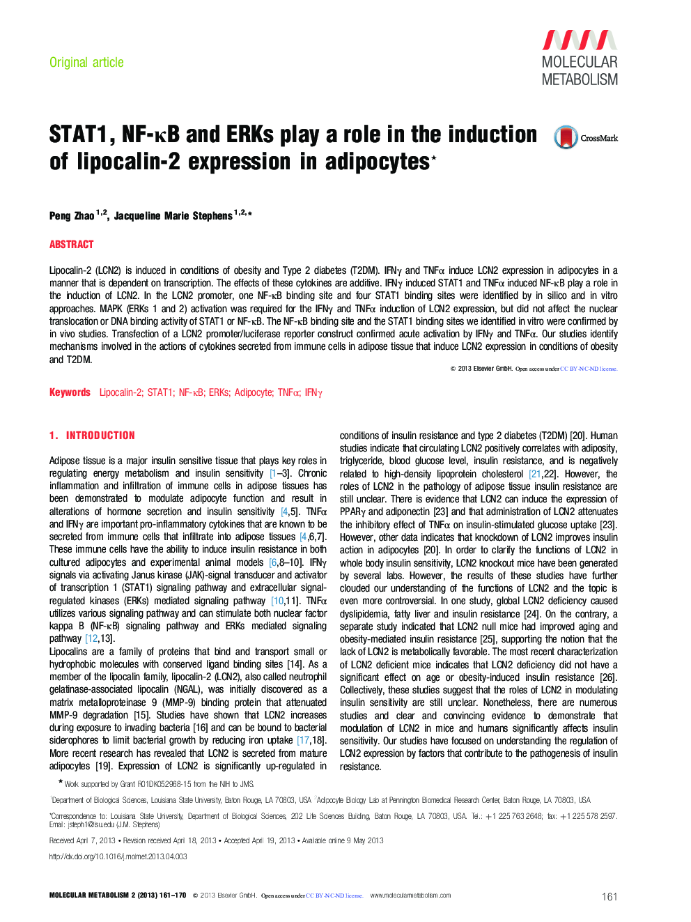 STAT1, NF-κB and ERKs play a role in the induction of lipocalin-2 expression in adipocytes ★