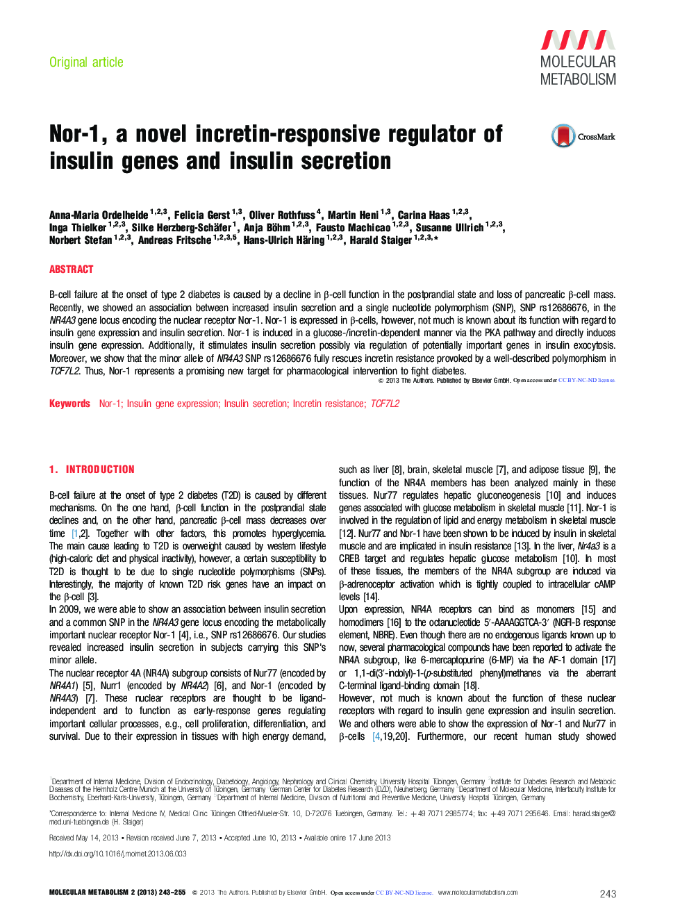 Nor-1, a novel incretin-responsive regulator of insulin genes and insulin secretion ⋆