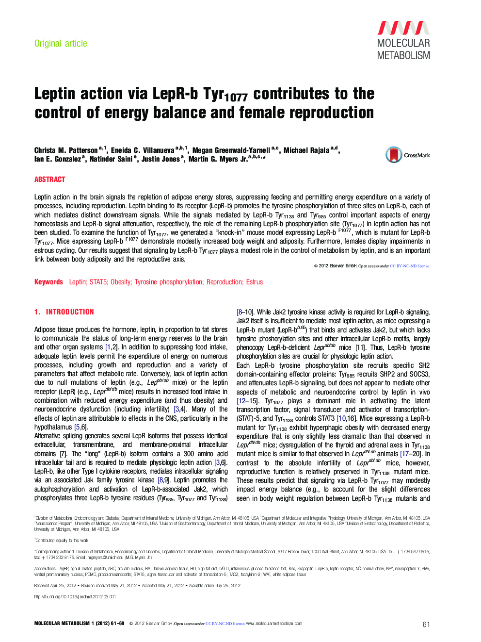 Leptin action via LepR-b Tyr1077 contributes to the control of energy balance and female reproduction