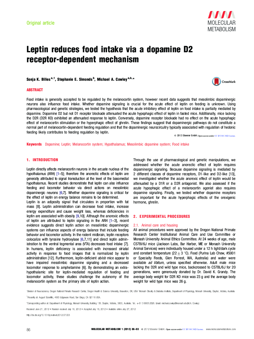 Leptin reduces food intake via a dopamine D2 receptor-dependent mechanism