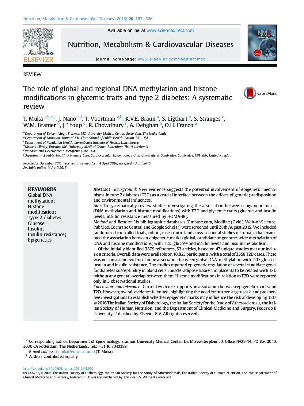 The role of global and regional DNA methylation and histone modifications in glycemic traits and type 2 diabetes: A systematic review