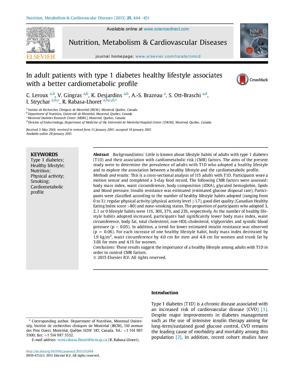 In adult patients with type 1 diabetes healthy lifestyle associates with a better cardiometabolic profile