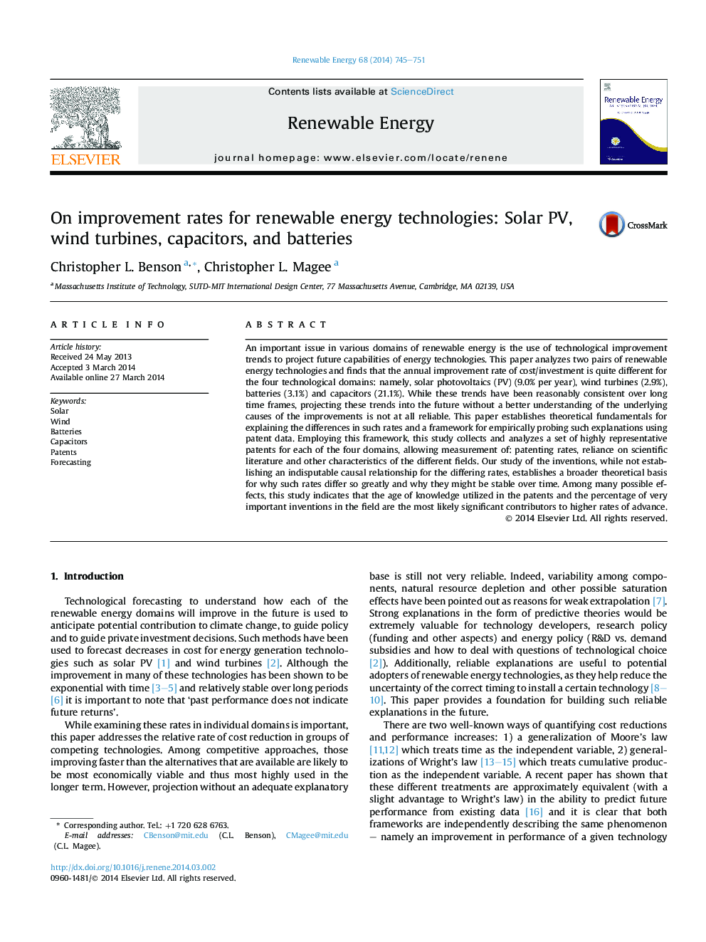 On improvement rates for renewable energy technologies: Solar PV, wind turbines, capacitors, and batteries