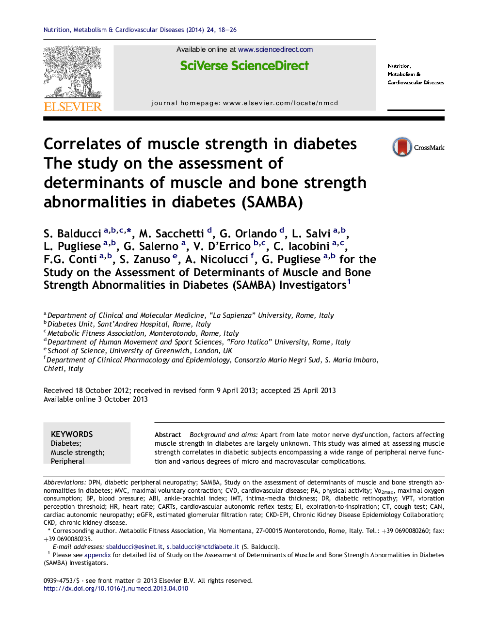 Correlates of muscle strength in diabetes: The study on the assessment of determinants of muscle and bone strength abnormalities in diabetes (SAMBA)