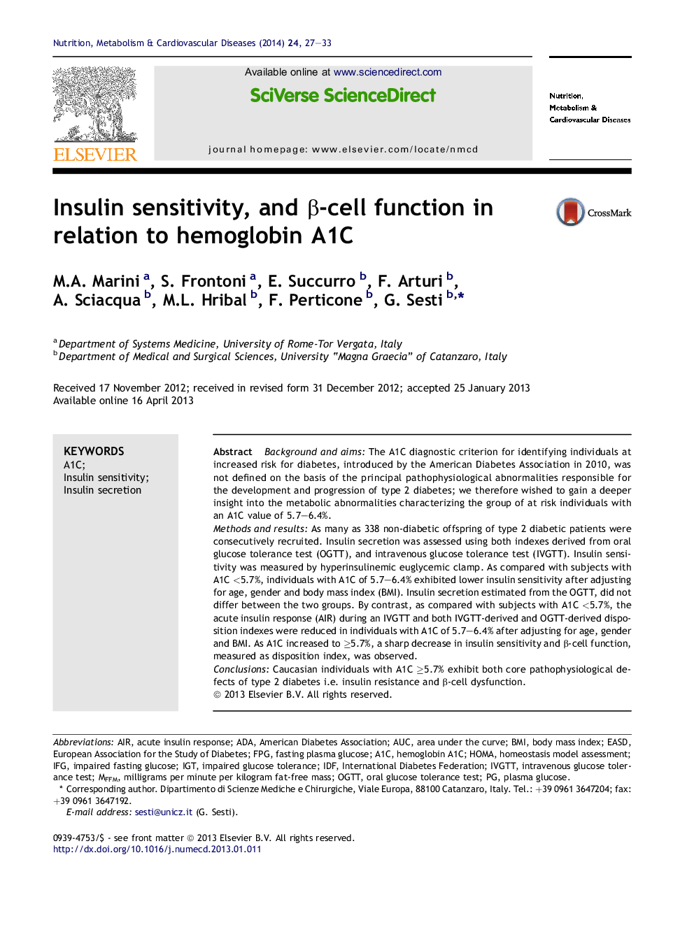 Insulin sensitivity, and β-cell function in relation to hemoglobin A1C