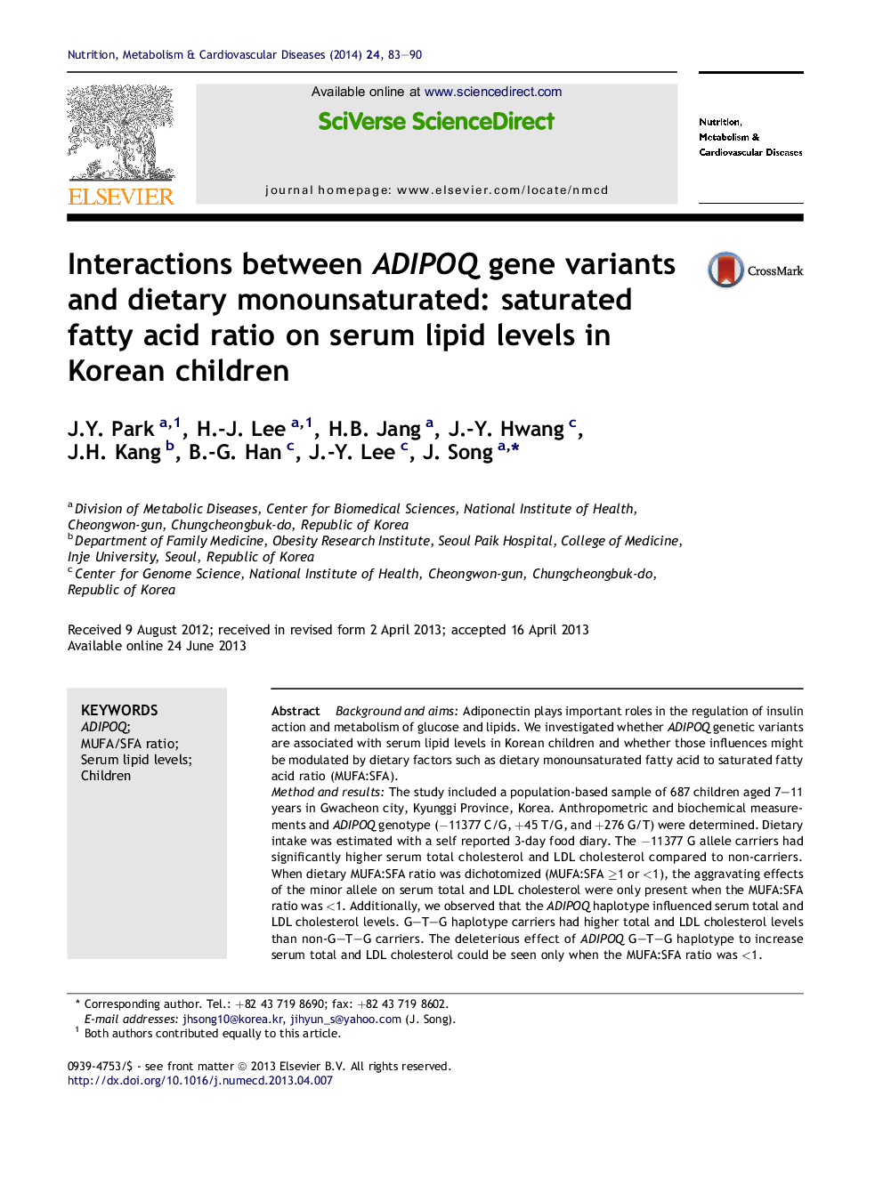 Interactions between ADIPOQ gene variants and dietary monounsaturated: saturated fatty acid ratio on serum lipid levels in Korean children