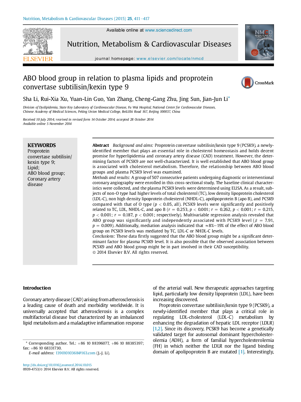 ABO blood group in relation to plasma lipids and proprotein convertase subtilisin/kexin type 9