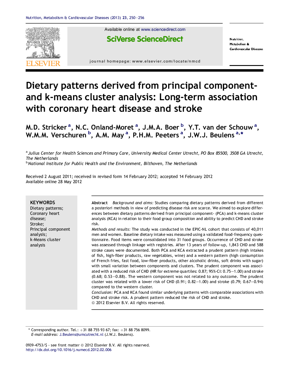 Dietary patterns derived from principal component- and k-means cluster analysis: Long-term association with coronary heart disease and stroke