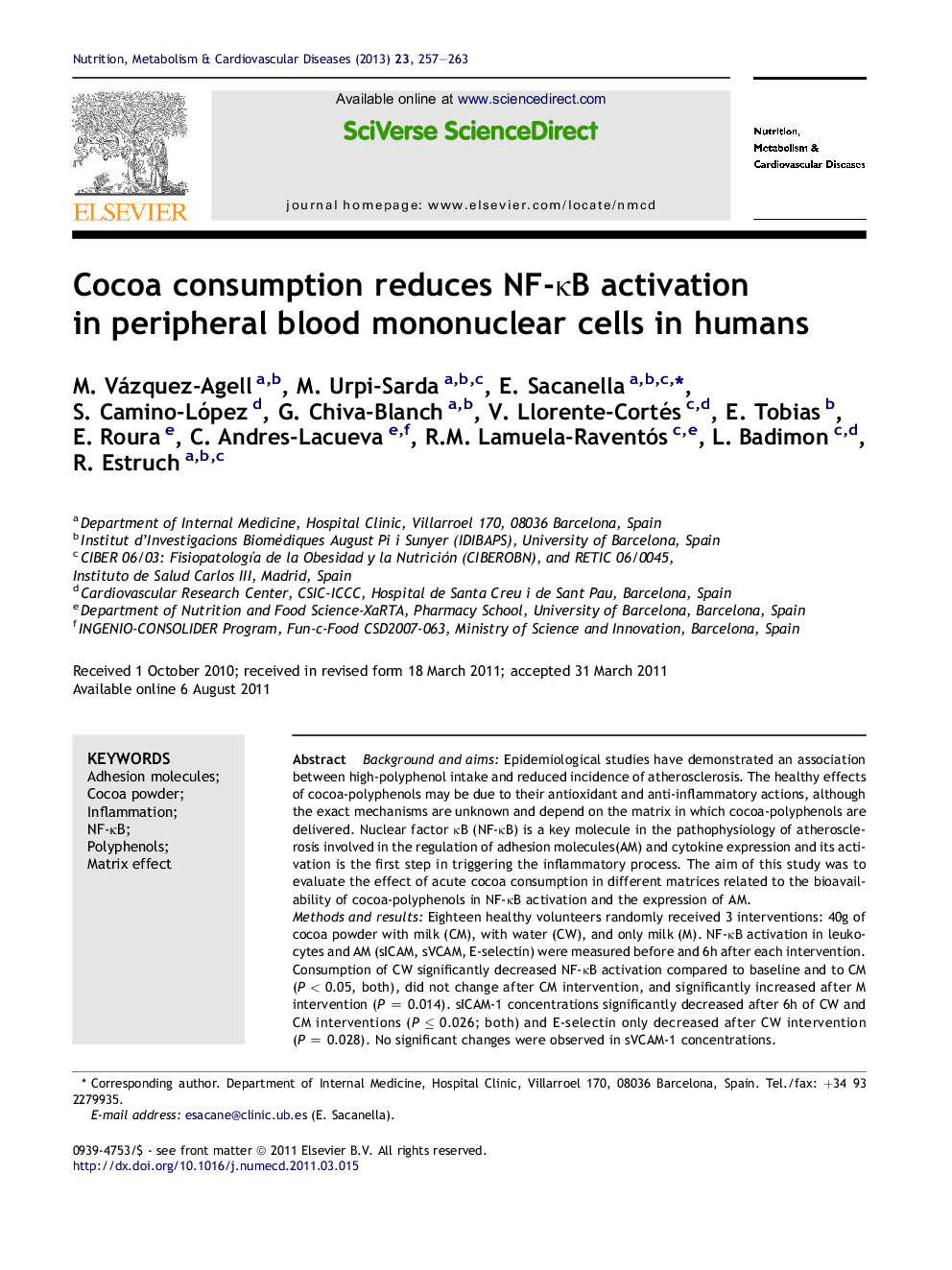 Cocoa consumption reduces NF-κB activation in peripheral blood mononuclear cells in humans