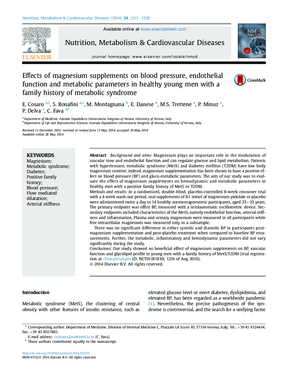 Effects of magnesium supplements on blood pressure, endothelial function and metabolic parameters in healthy young men with a family history of metabolic syndrome