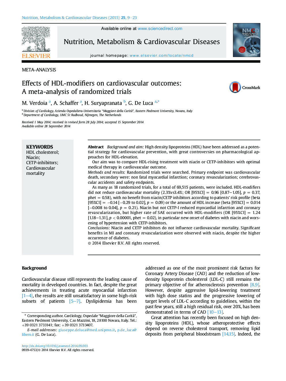 Effects of HDL-modifiers on cardiovascular outcomes: A meta-analysis of randomized trials