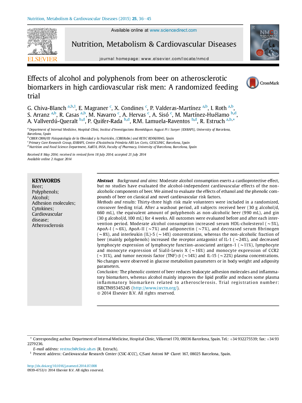 اثرات الکل و پلی فنل ها از آبجو بر روی بیومارکرهای آترواسکلروتیک در مردان مبتلا به بیماری های قلبی عروقی بالا: یک پرونده غذایی تصادفی 