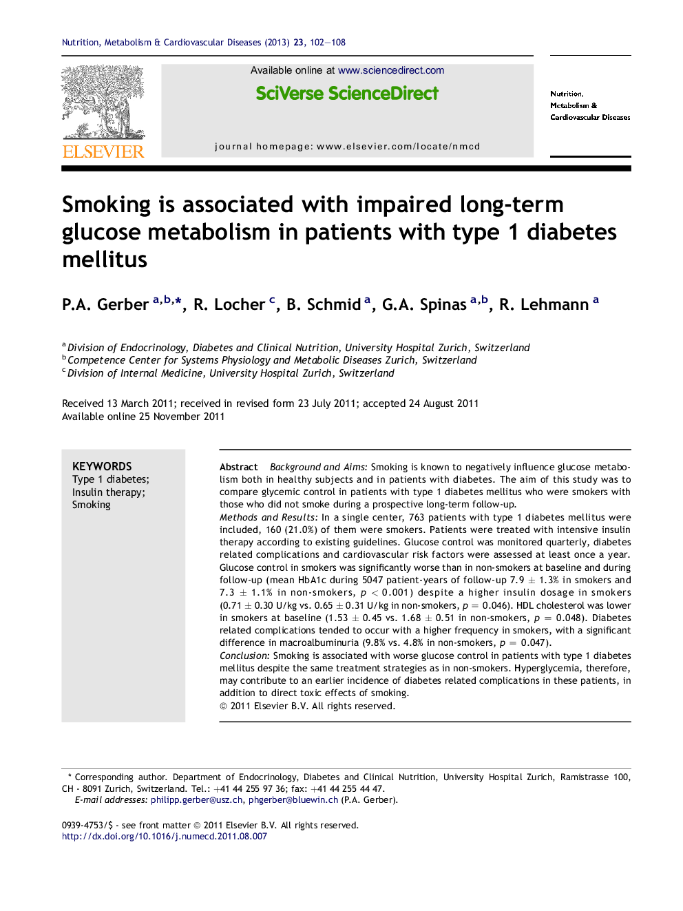 Smoking is associated with impaired long-term glucose metabolism in patients with type 1 diabetes mellitus