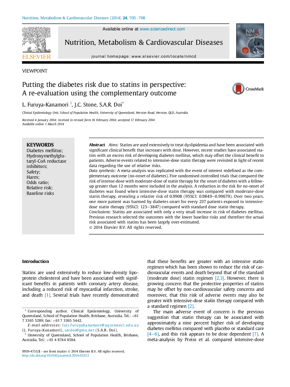 Putting the diabetes risk due to statins in perspective: A re-evaluation using the complementary outcome