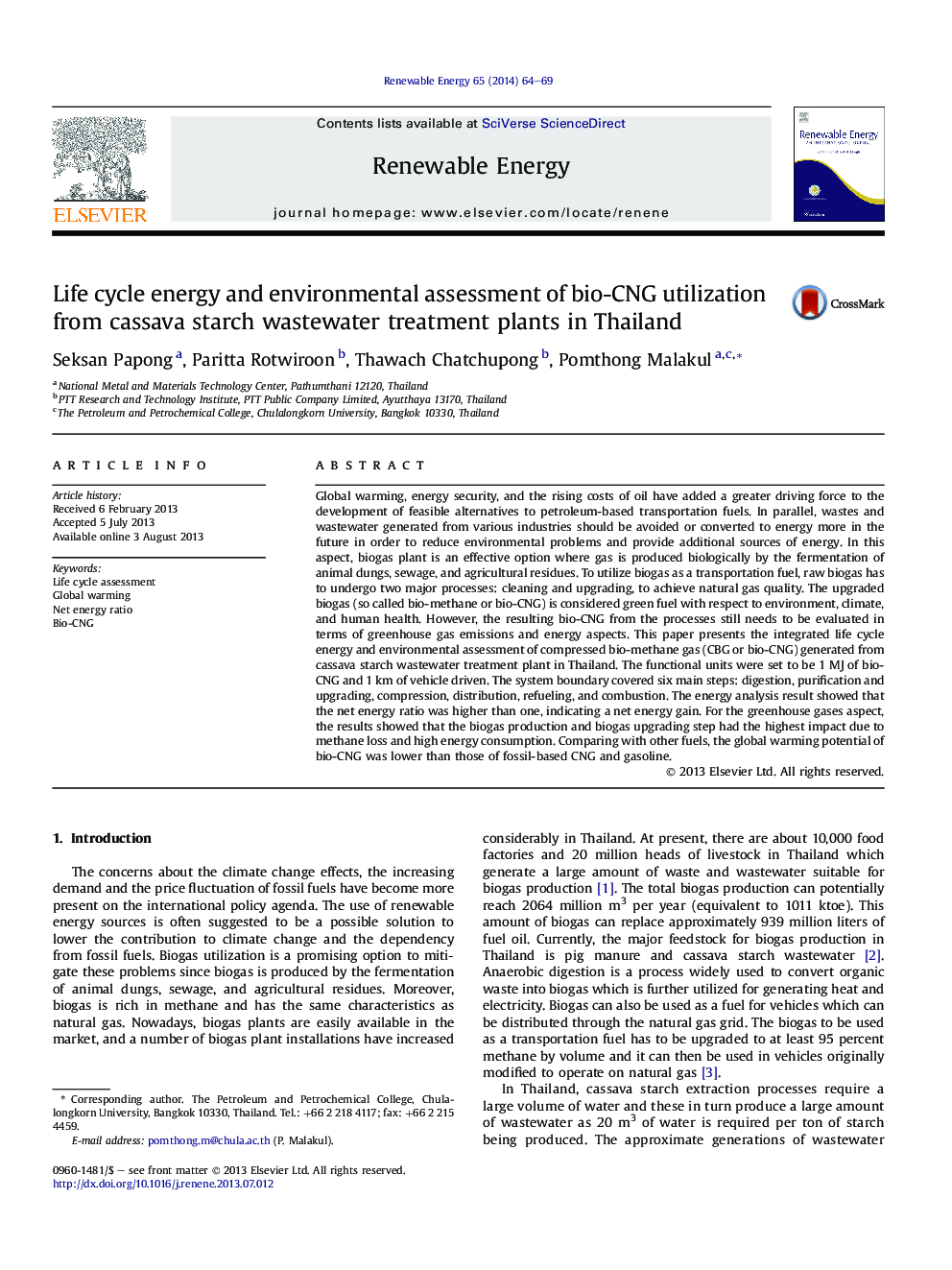 Life cycle energy and environmental assessment of bio-CNG utilization from cassava starch wastewater treatment plants in Thailand