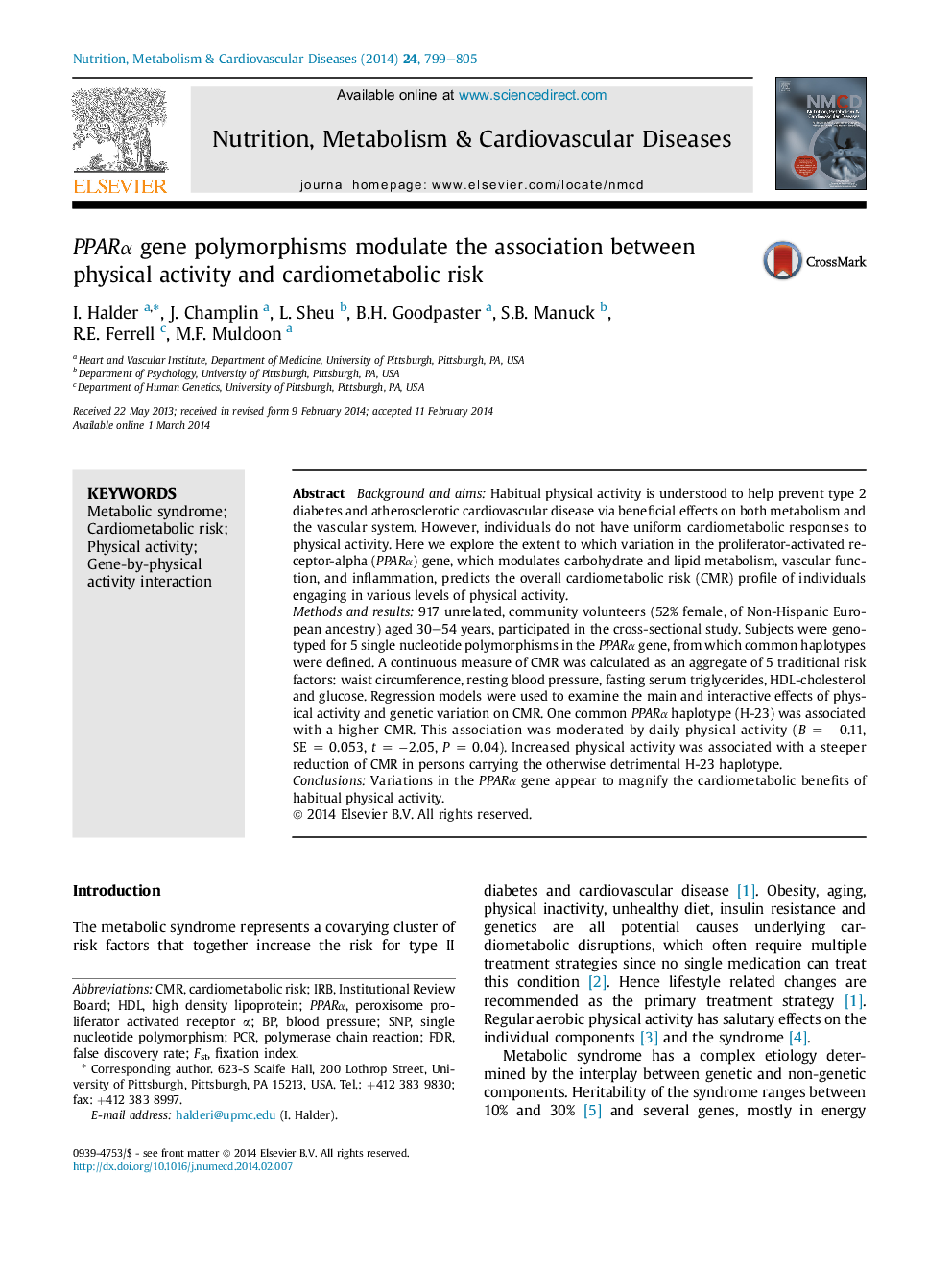 PPARα gene polymorphisms modulate the association between physical activity and cardiometabolic risk