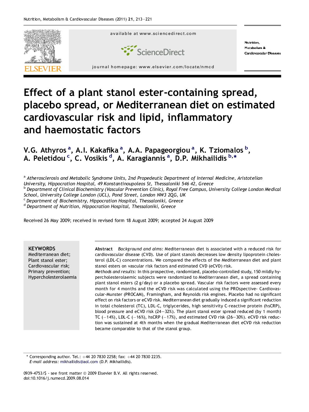 Effect of a plant stanol ester-containing spread, placebo spread, or Mediterranean diet on estimated cardiovascular risk and lipid, inflammatory and haemostatic factors