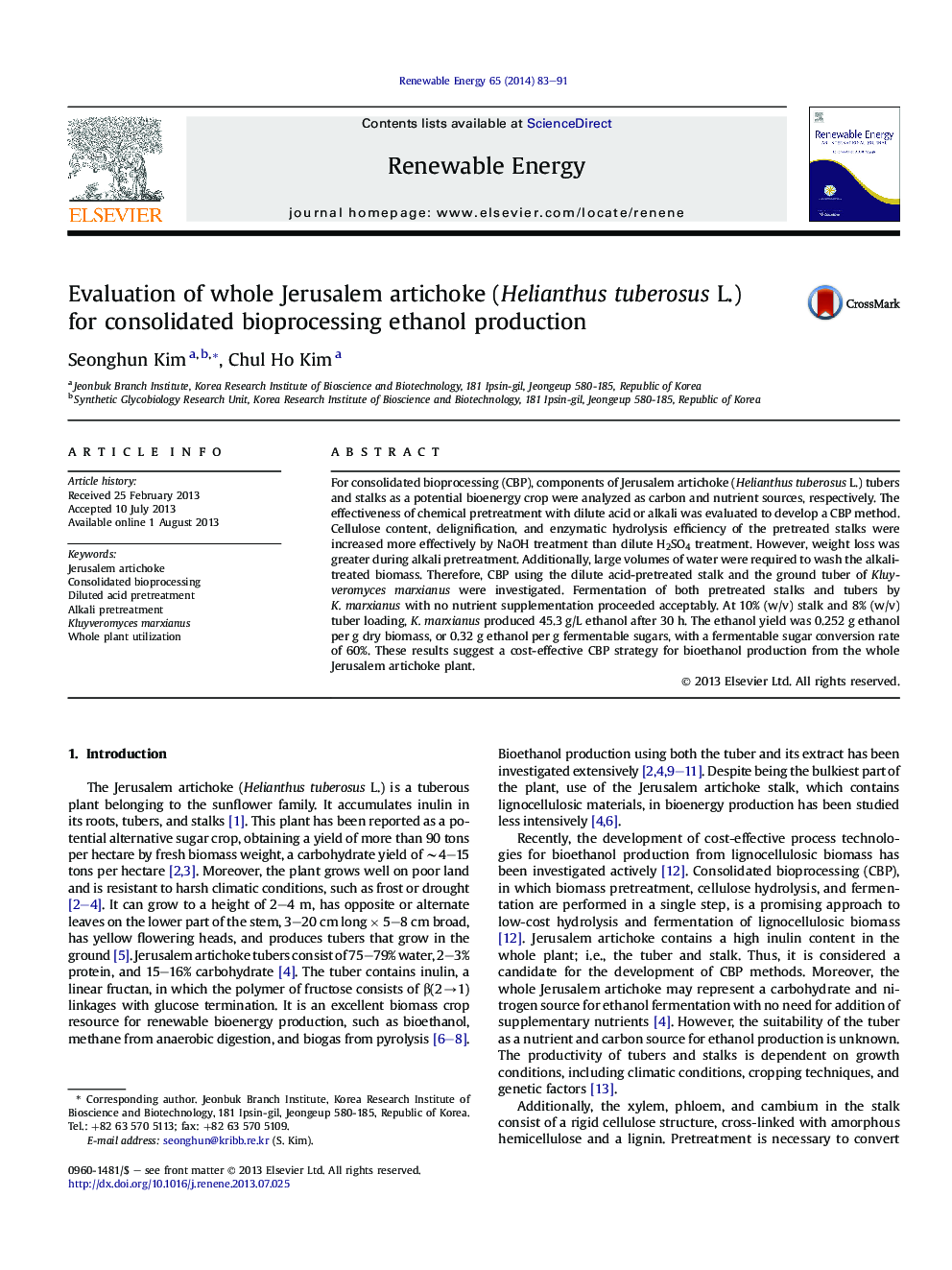 Evaluation of whole Jerusalem artichoke (Helianthus tuberosus L.) for consolidated bioprocessing ethanol production