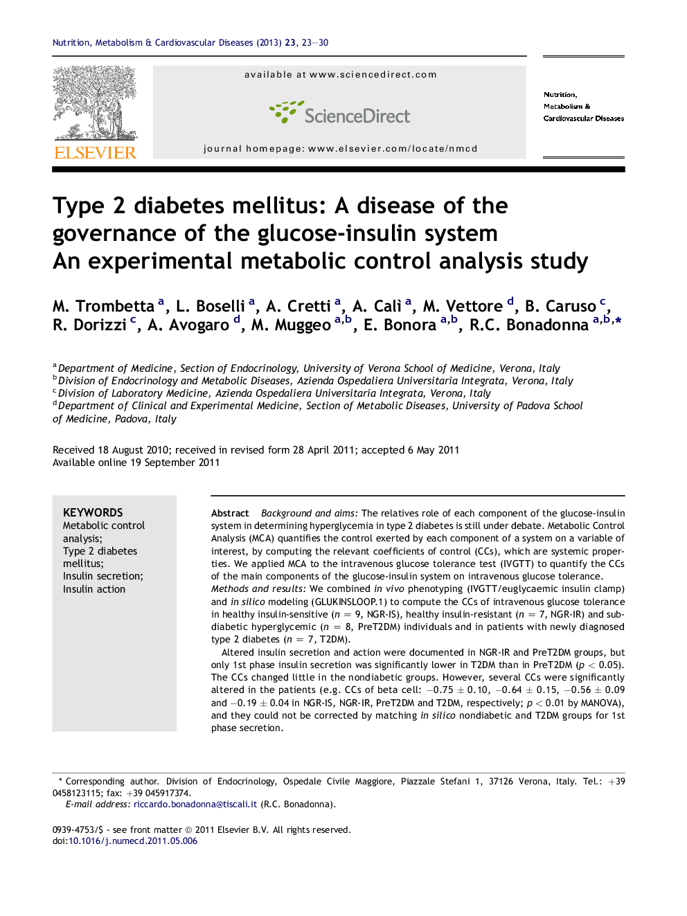 Type 2 diabetes mellitus: A disease of the governance of the glucose-insulin system: An experimental metabolic control analysis study