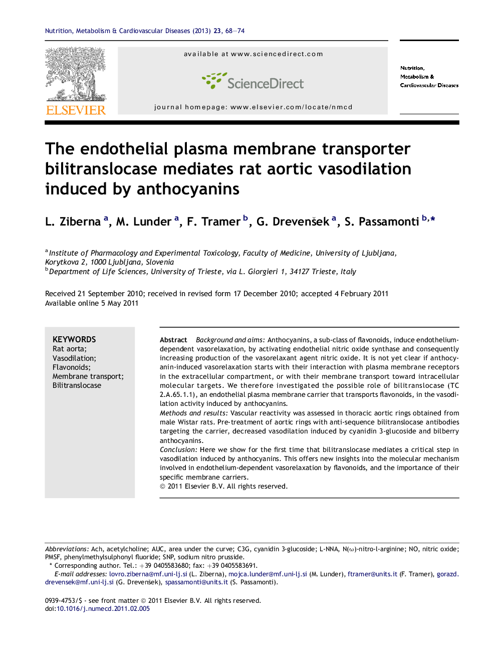 The endothelial plasma membrane transporter bilitranslocase mediates rat aortic vasodilation induced by anthocyanins