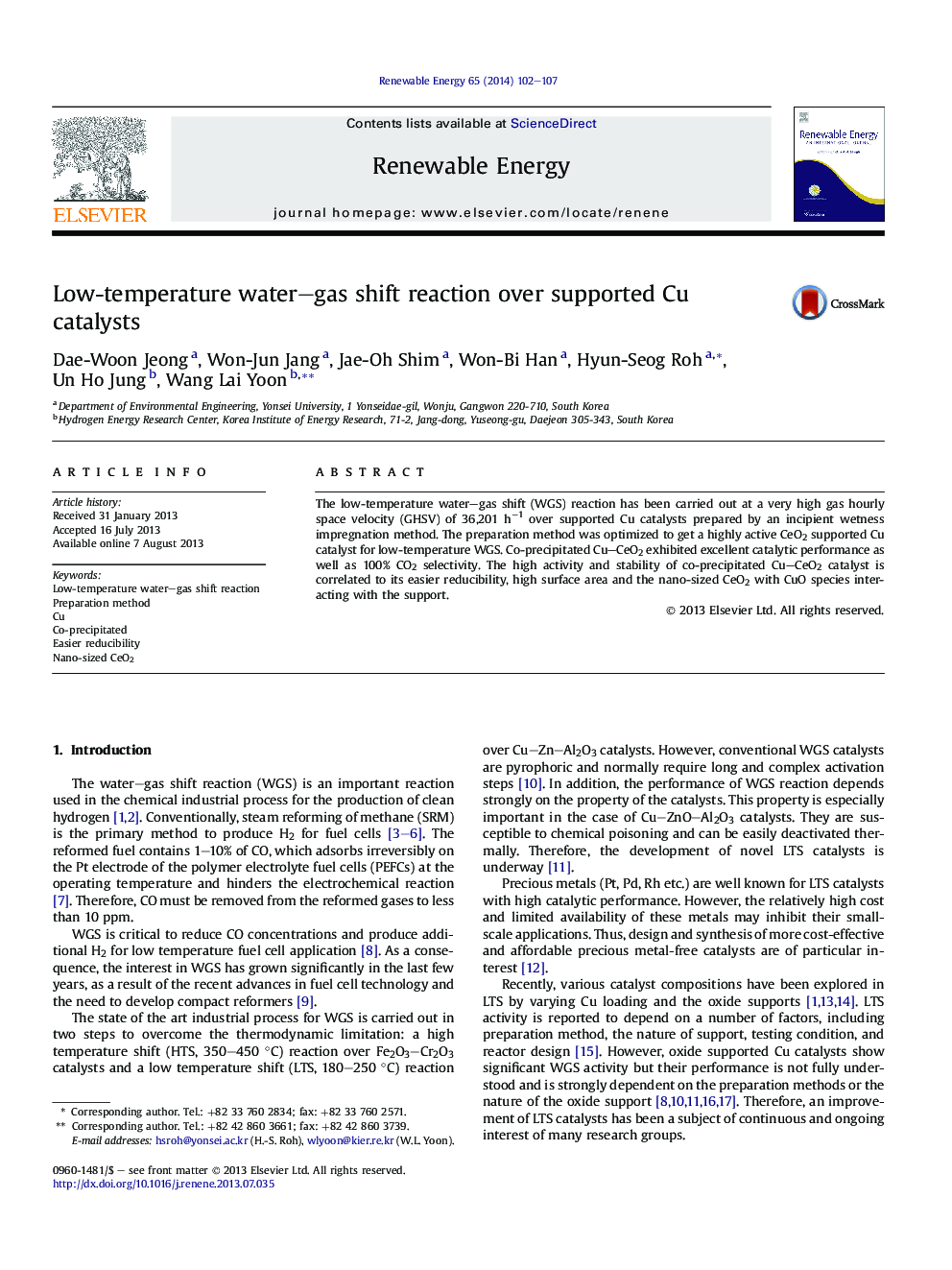 Low-temperature water–gas shift reaction over supported Cu catalysts