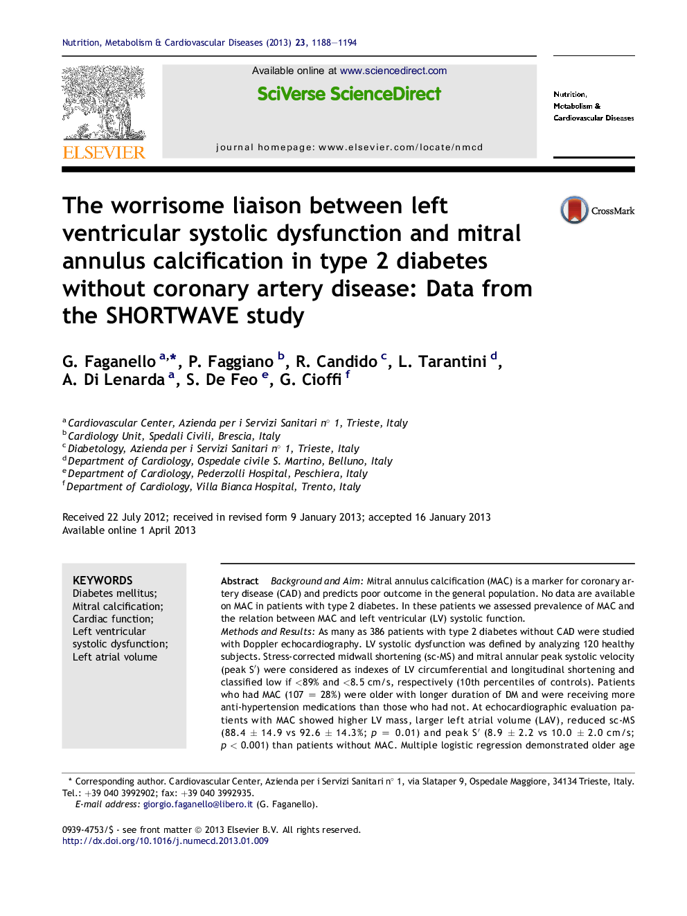 The worrisome liaison between left ventricular systolic dysfunction and mitral annulus calcification in type 2 diabetes without coronary artery disease: Data from the SHORTWAVE study