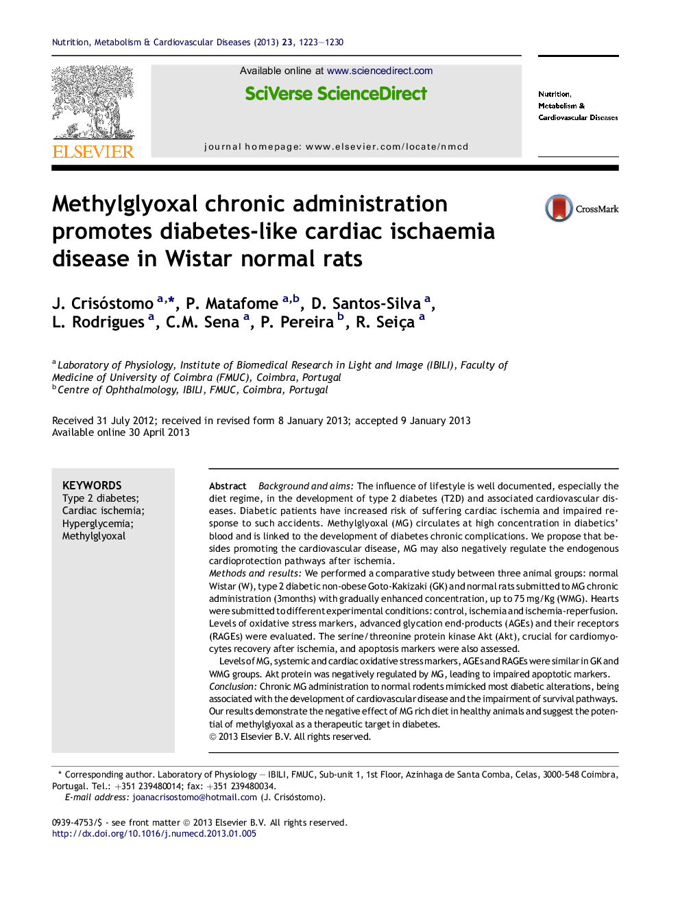 Methylglyoxal chronic administration promotes diabetes-like cardiac ischaemia disease in Wistar normal rats