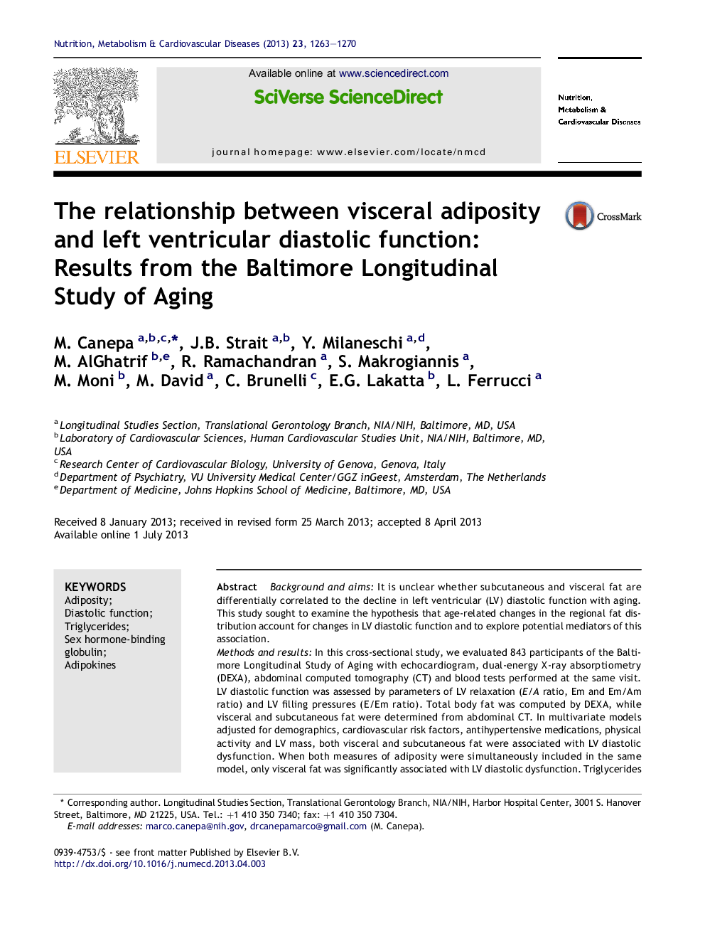 The relationship between visceral adiposity and left ventricular diastolic function: Results from the Baltimore Longitudinal Study of Aging