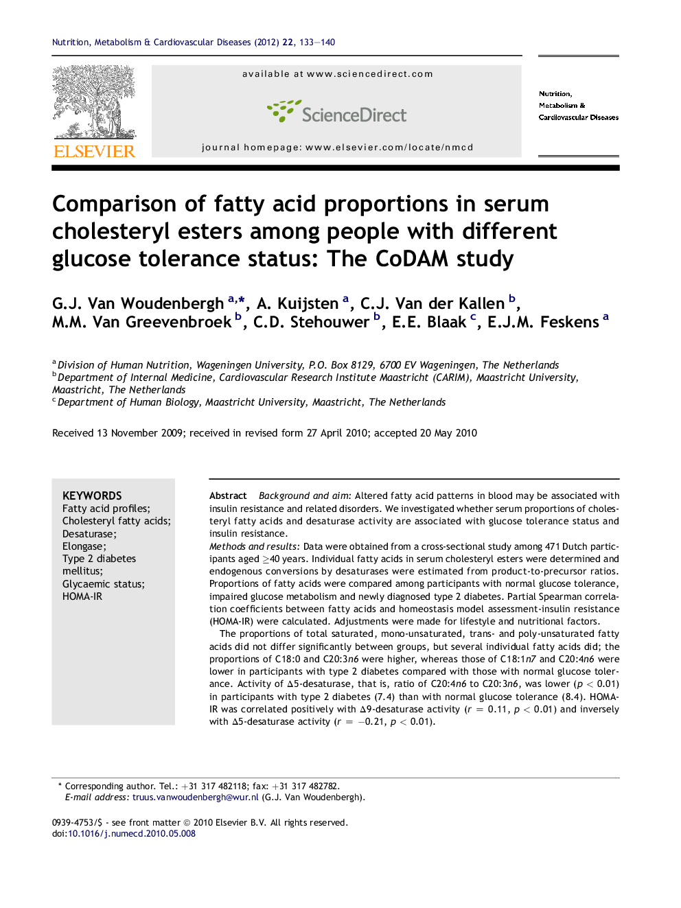 Comparison of fatty acid proportions in serum cholesteryl esters among people with different glucose tolerance status: The CoDAM study