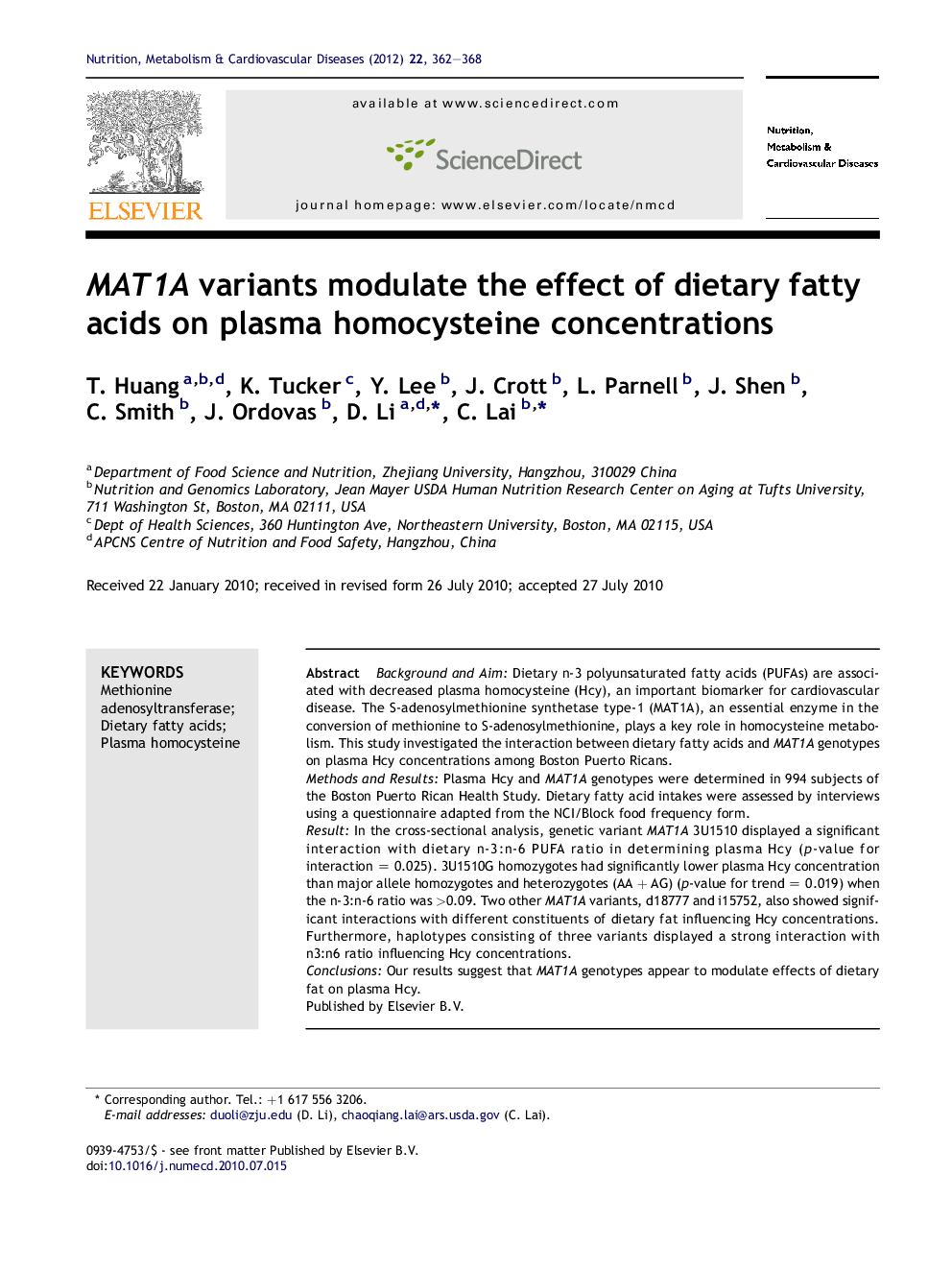 MAT1A variants modulate the effect of dietary fatty acids on plasma homocysteine concentrations