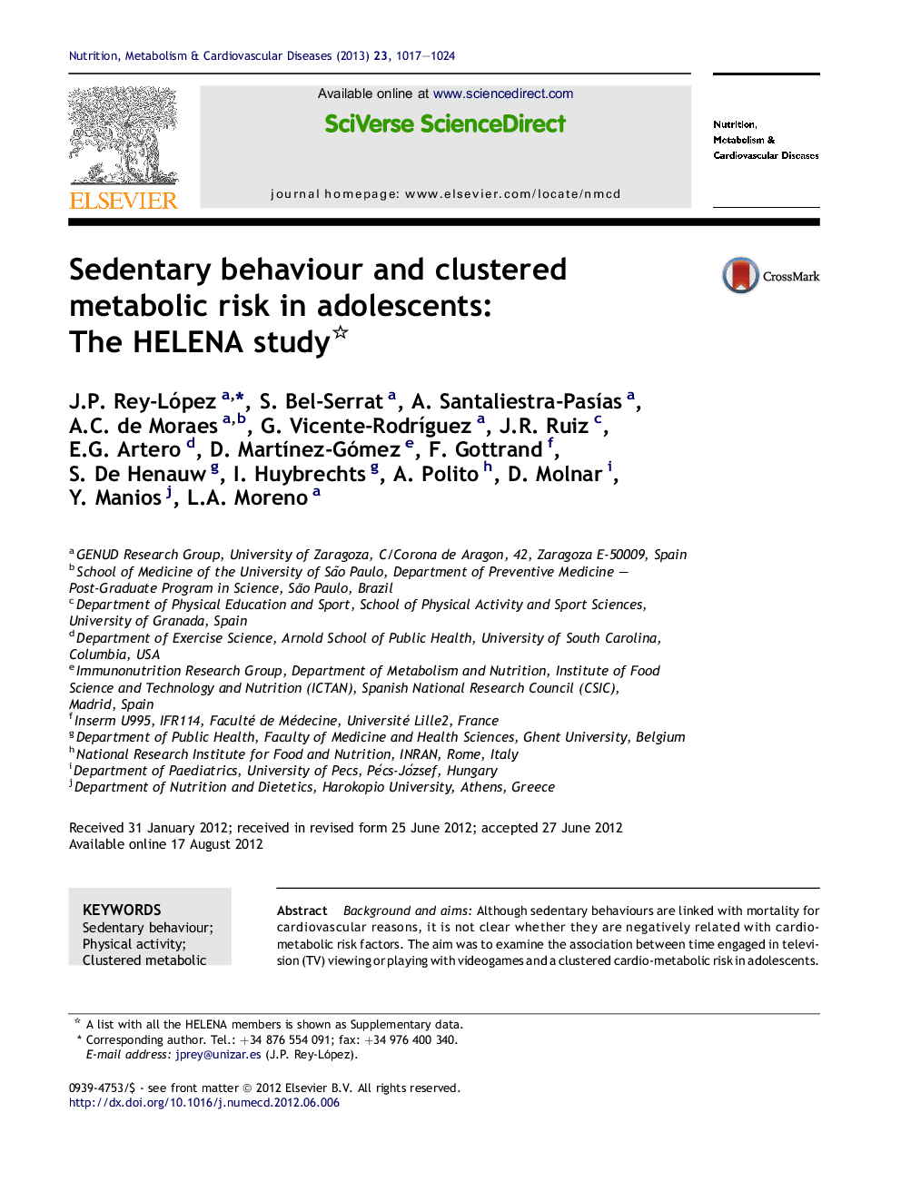 Sedentary behaviour and clustered metabolic risk in adolescents: The HELENA study 