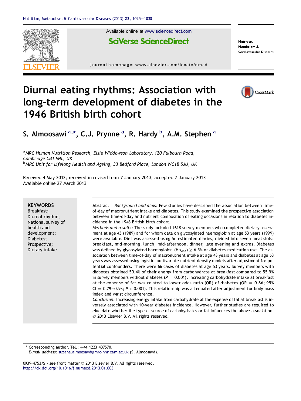 Diurnal eating rhythms: Association with long-term development of diabetes in the 1946 British birth cohort