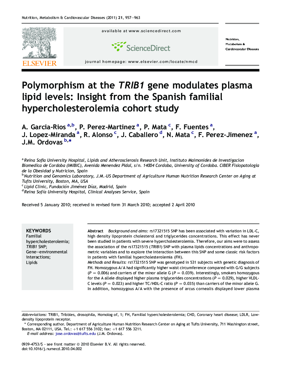 Polymorphism at the TRIB1 gene modulates plasma lipid levels: Insight from the Spanish familial hypercholesterolemia cohort study