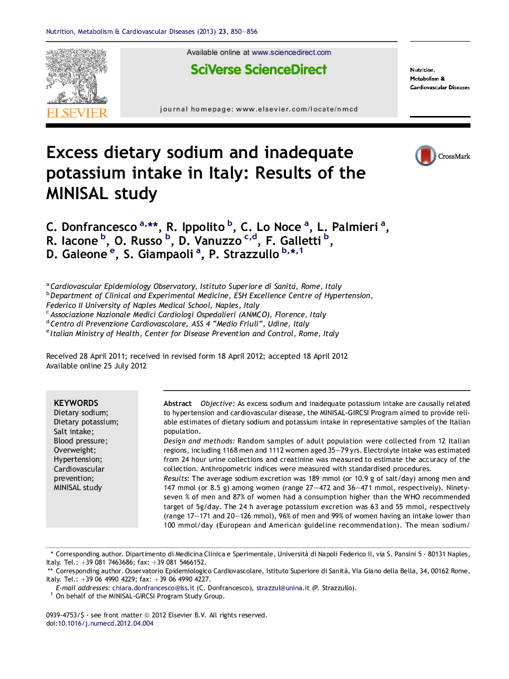 Excess dietary sodium and inadequate potassium intake in Italy: Results of the MINISAL study